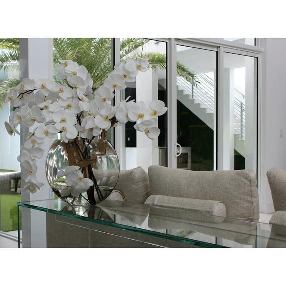 16" Moon vase with orchids White