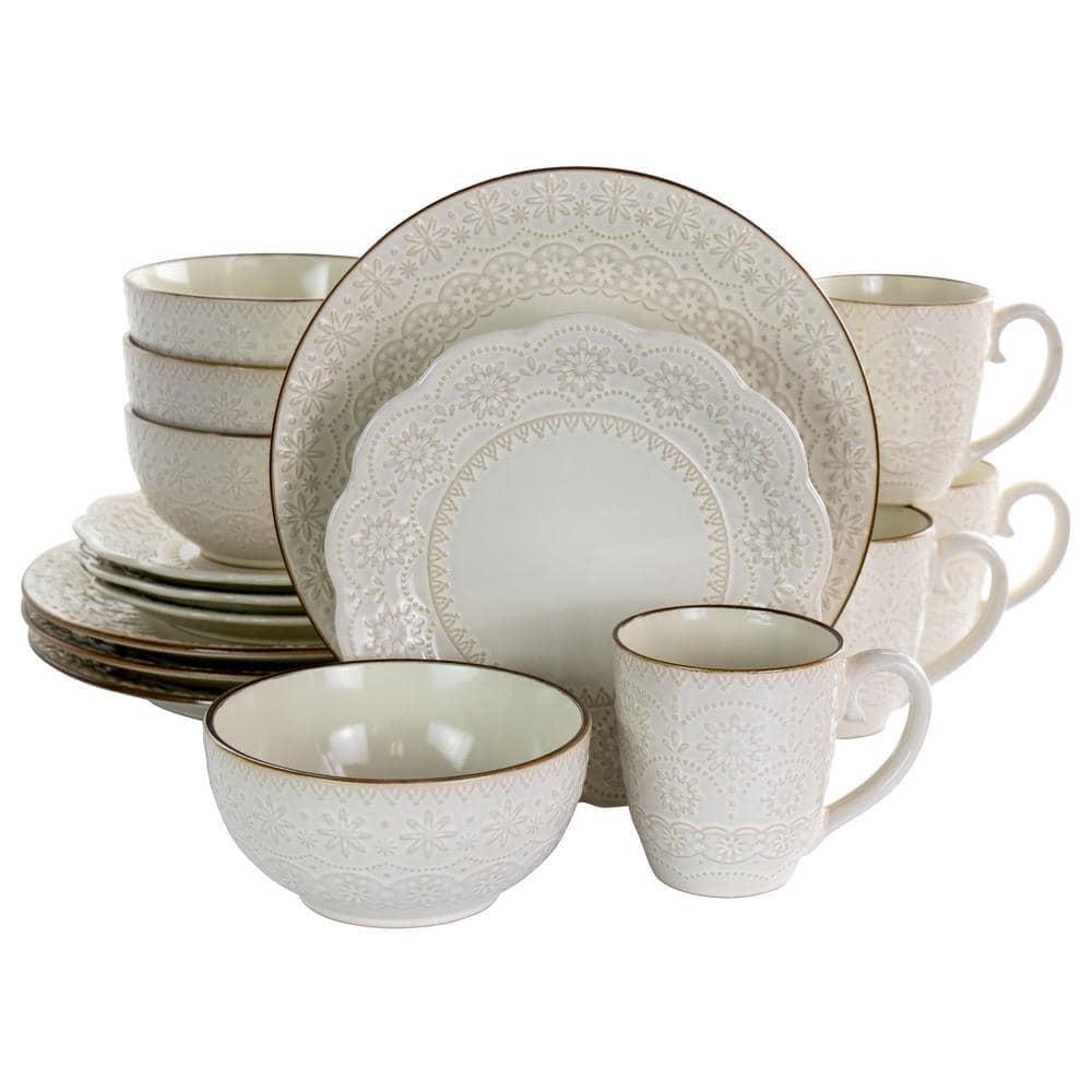 Ivory Embossed Ceramic 16-Piece Dinnerware Set with Scalloped Edges