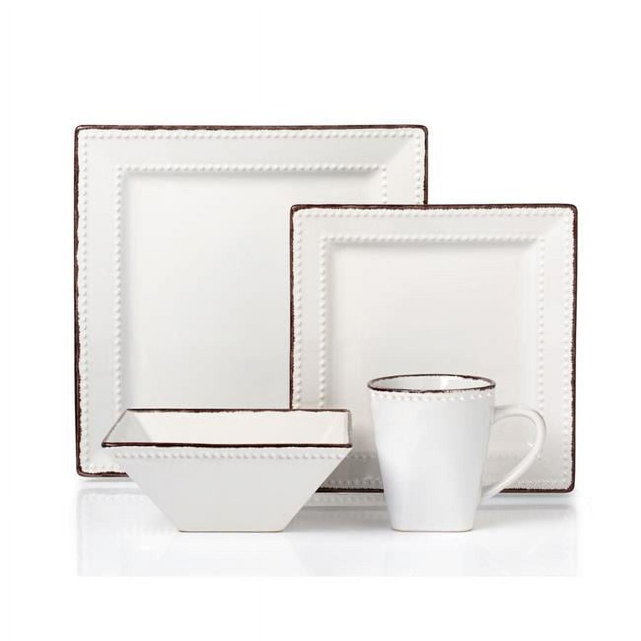 16 Piece Square Beaded Stoneware Dinnerware Set, White