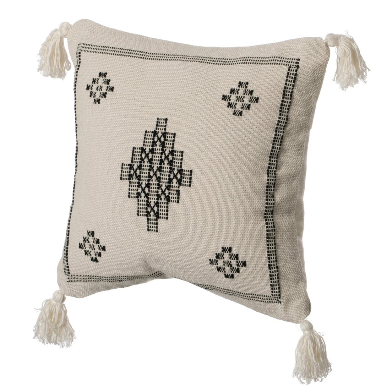 Bohemian Grey & White Cotton 16" Square Throw Pillow with Tassels