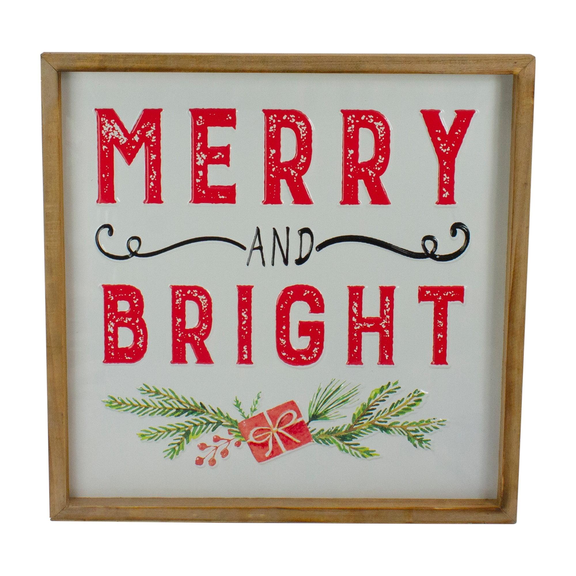 16" Wooden Framed Merry and Bright Metal Christmas Sign