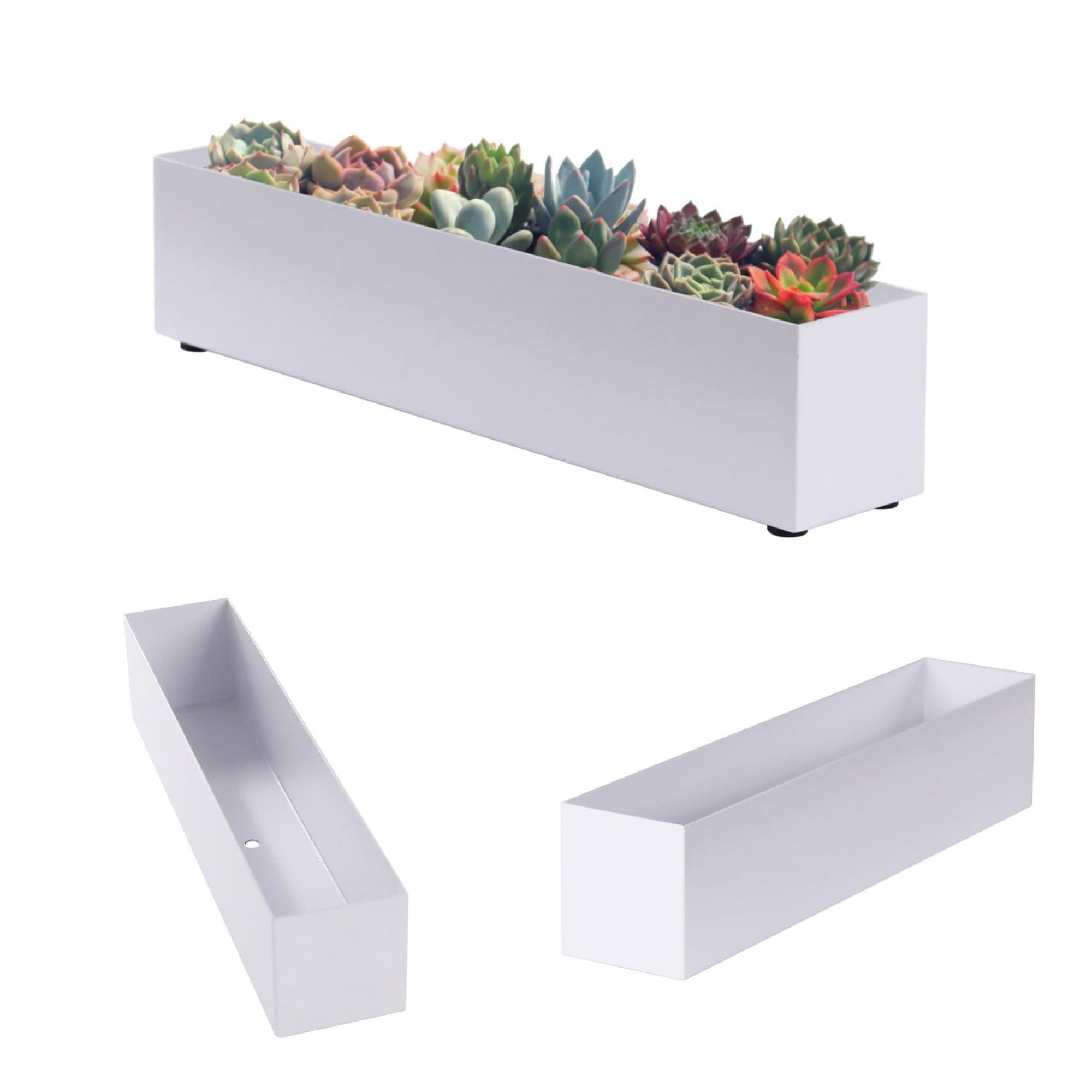 16" Window Box Rectangular Succulent Planting Box Metal Table Sill Planter Pots Modern Long Durable for Small Herb with Drainage Hole for Indoor Outdoor, with 4 Free Rubber Mats, White
