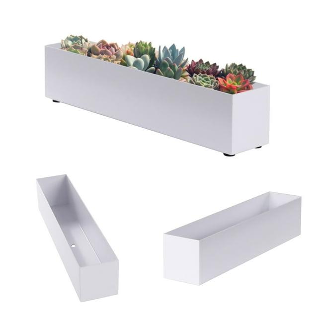 16" Window Box Rectangular Succulent Planting Box Metal Table Sill Planter Pots Modern Long Durable for Small Herb with Drainage Hole for Indoor Outdoor, with 4 Free Rubber Mats, White