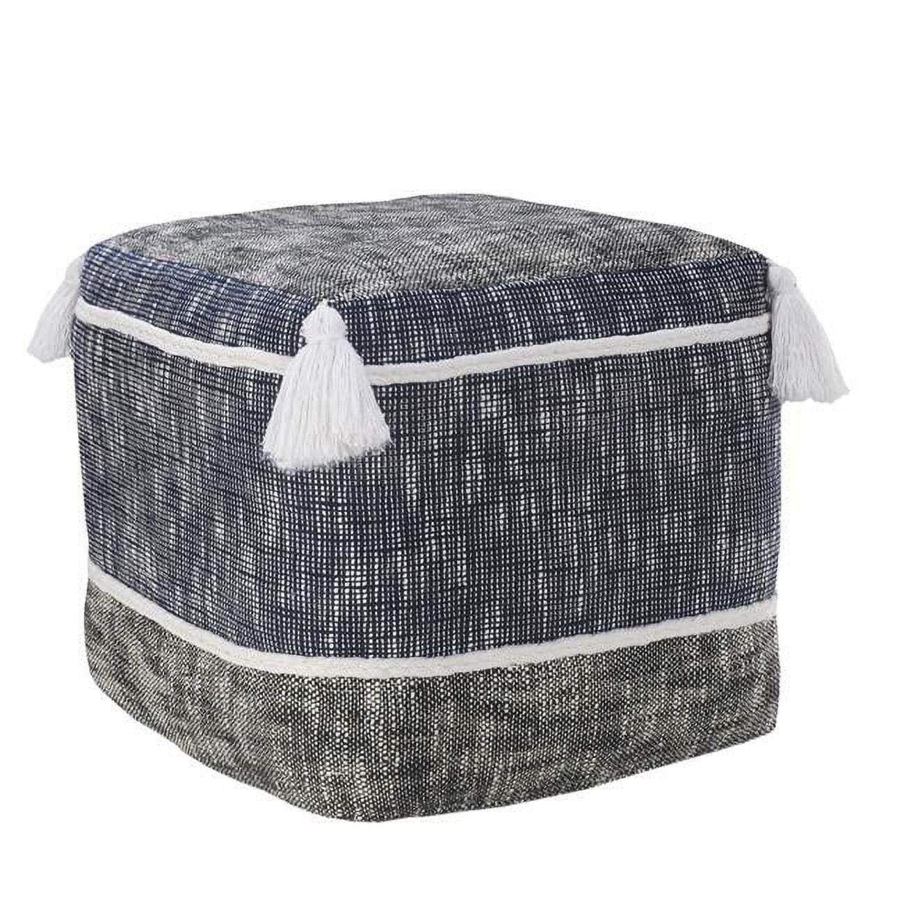 16-Inch Blue and White Polyester Tasseled Pouf Ottoman