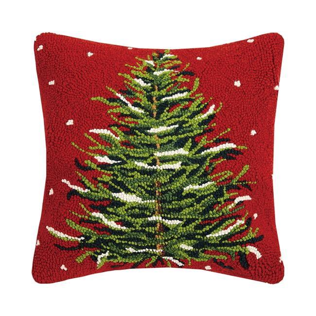 16" Red Wool and Cotton Christmas Tree Throw Pillow