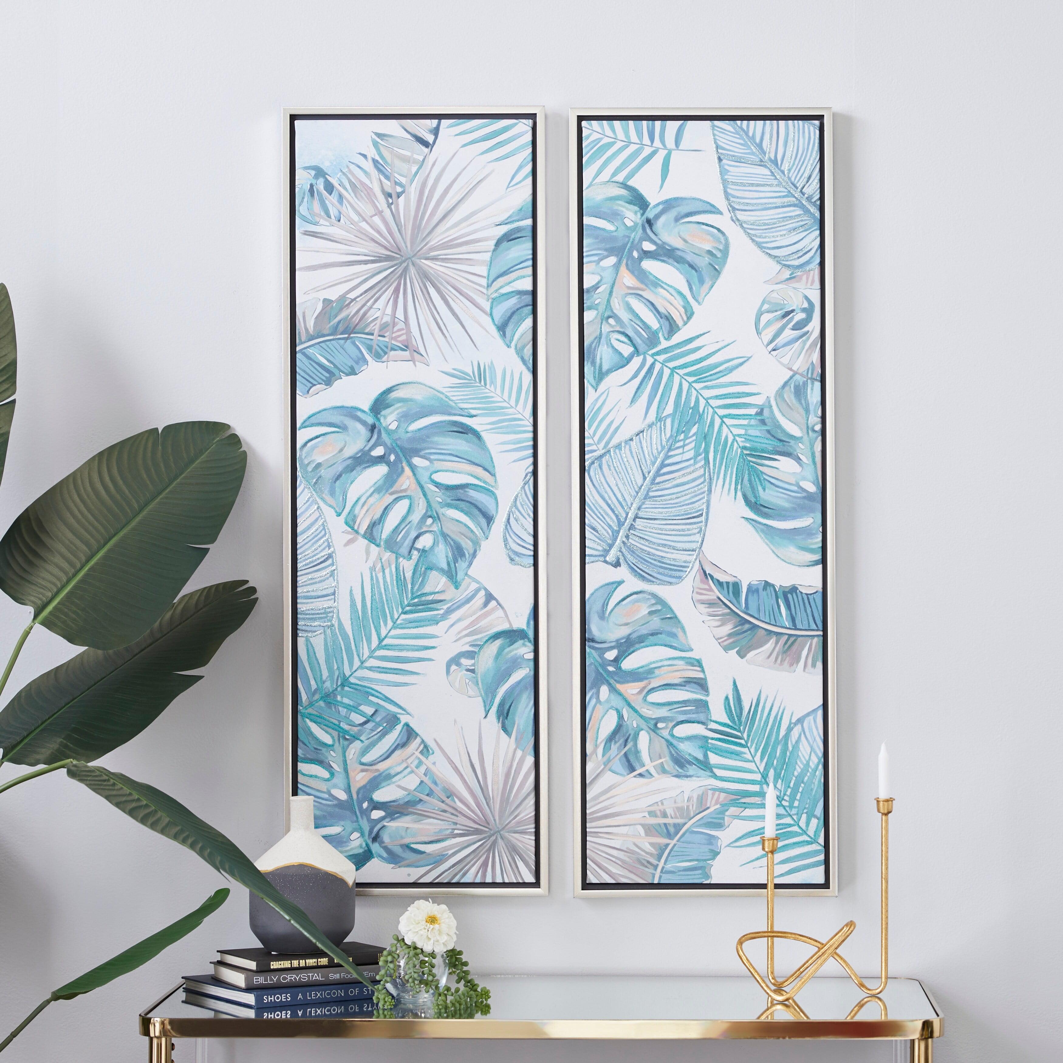 Blue Tropical Leaf Framed Canvas Wall Art Set