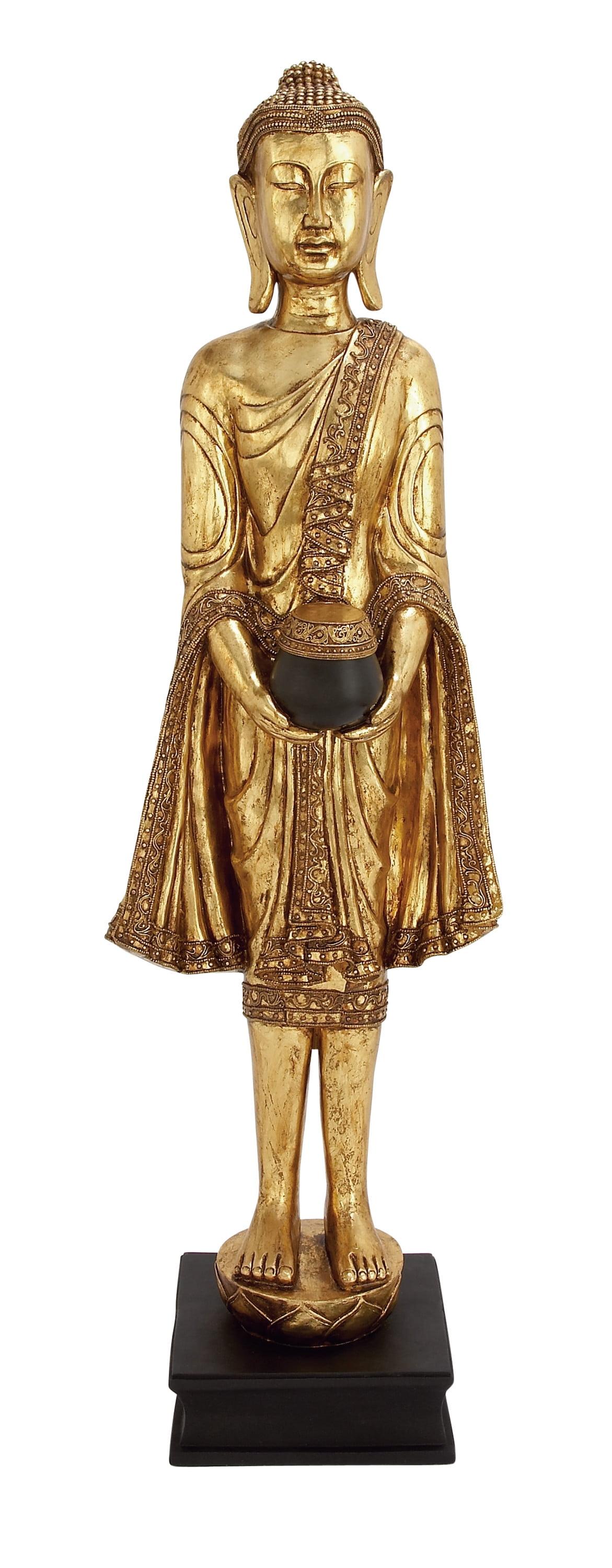 16" x 54" Gold Resin Meditating Buddha Sculpture with Engraved Carvings and Relief Detailing, by DecMode