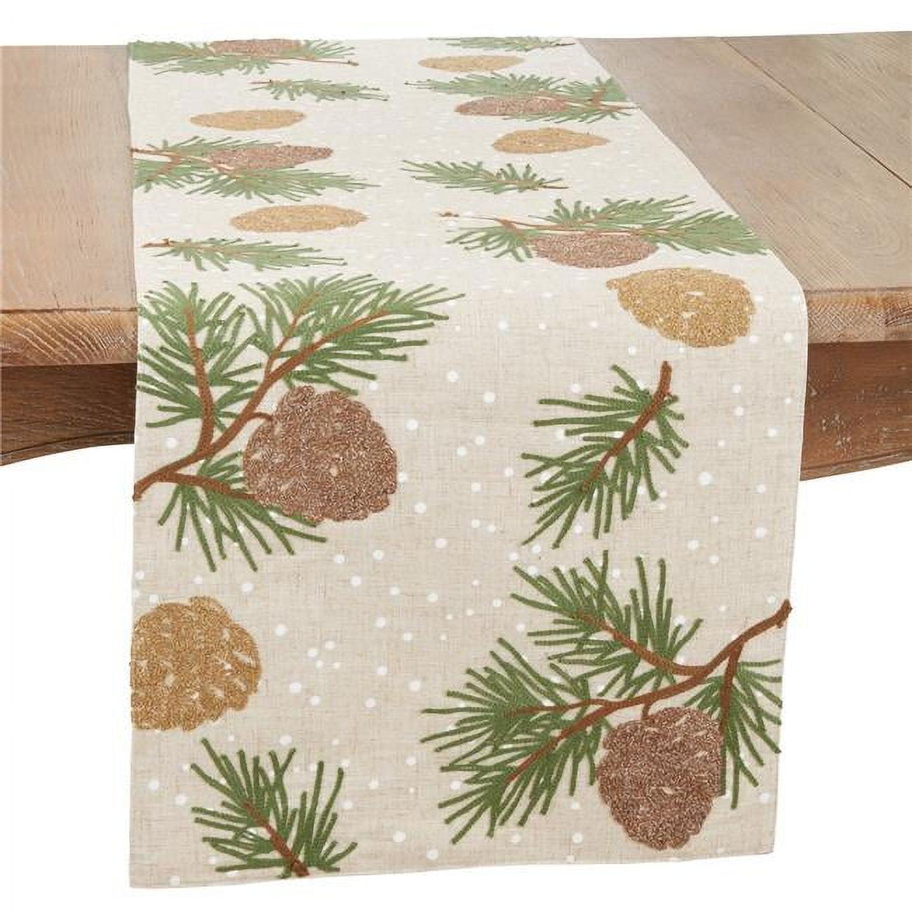 Natural Embroidered Pinecone Polyester Table Runner, 16 x 70 in