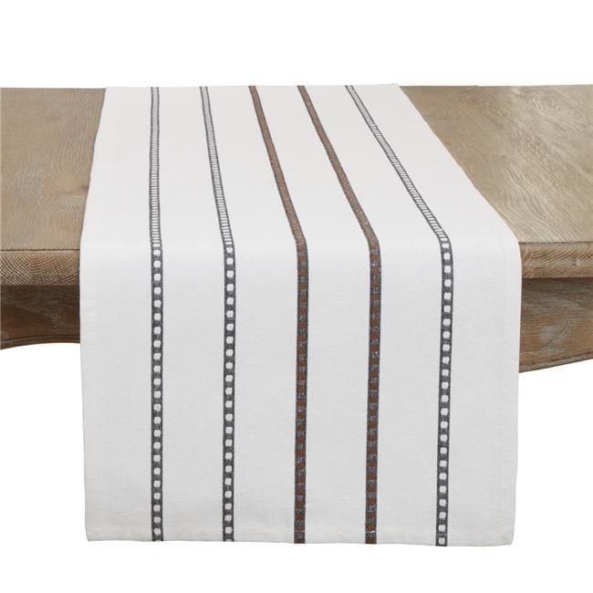 Rustic White Cotton Striped Table Runner with Black Trim, 16"x72"