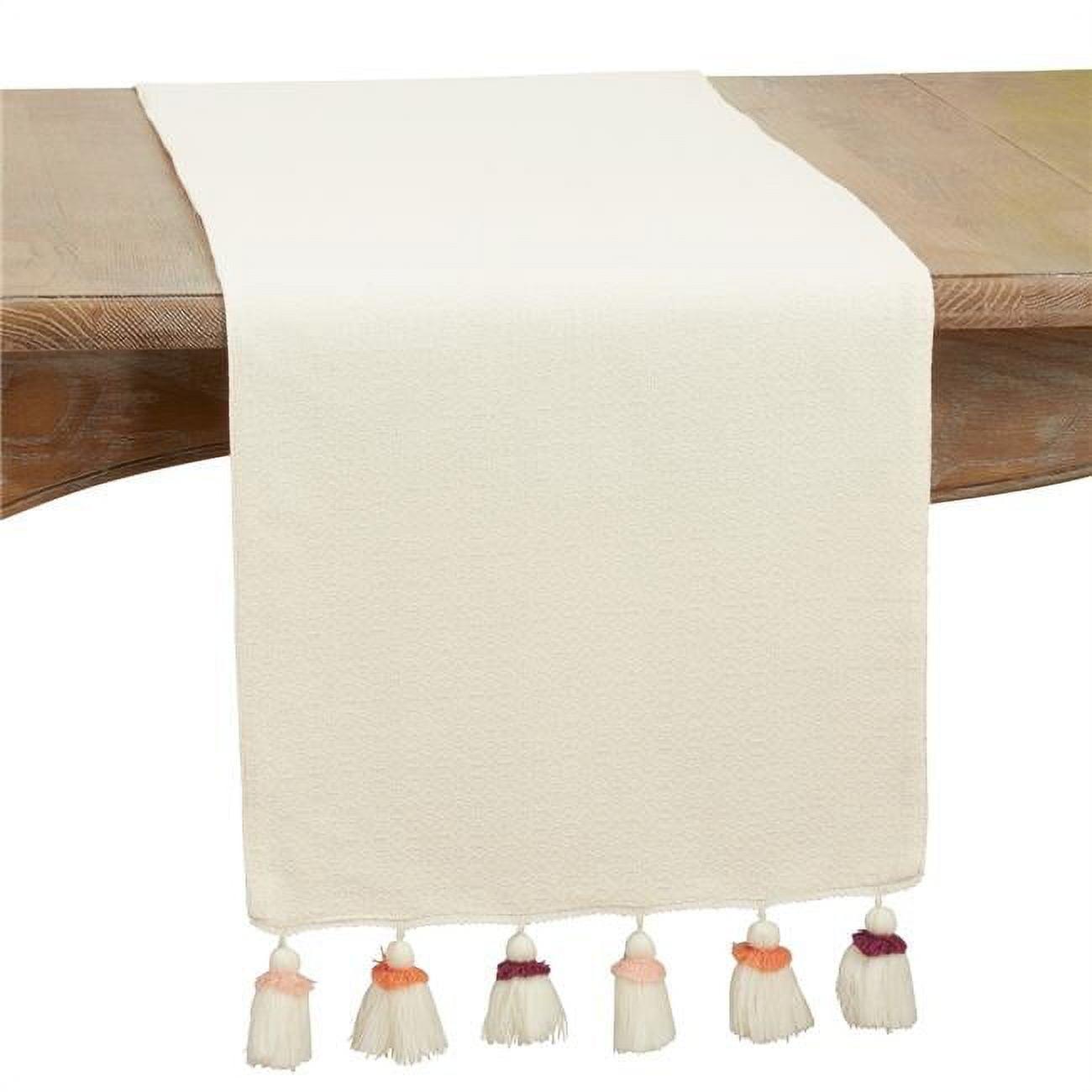 Ivory Cotton and Polyester Table Runner with Tassel Edges