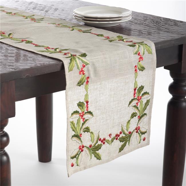 Natural Embroidered Holly Design Christmas Table Runner