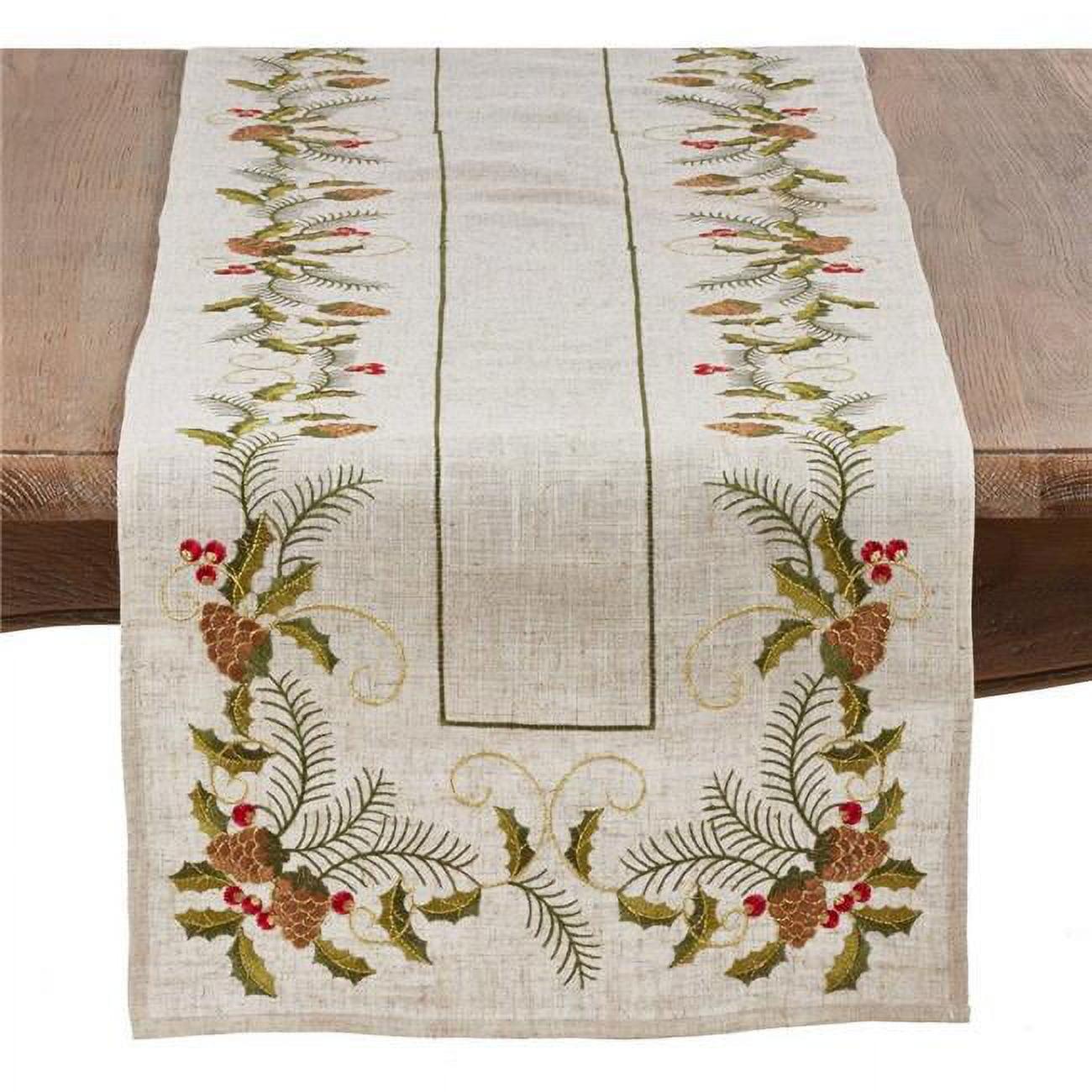 Natural Embroidered Pinecone and Holly Table Runner