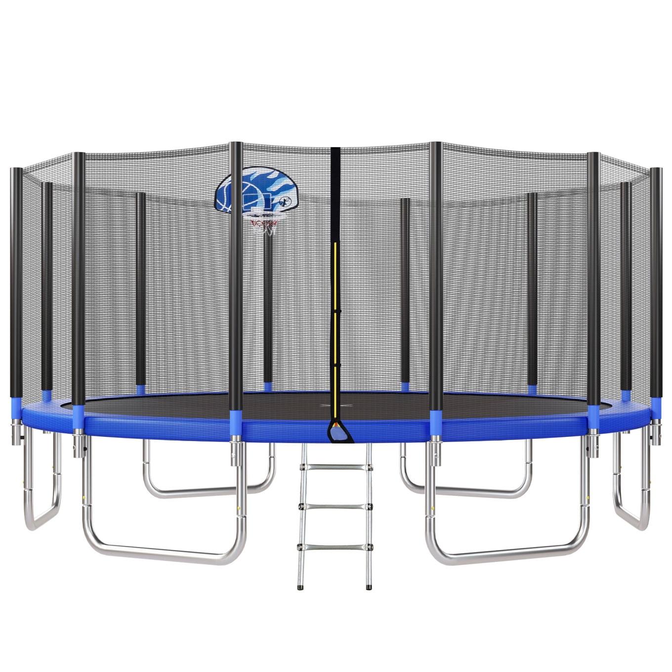 16FT Blue Round Outdoor Trampoline with Basketball Hoop