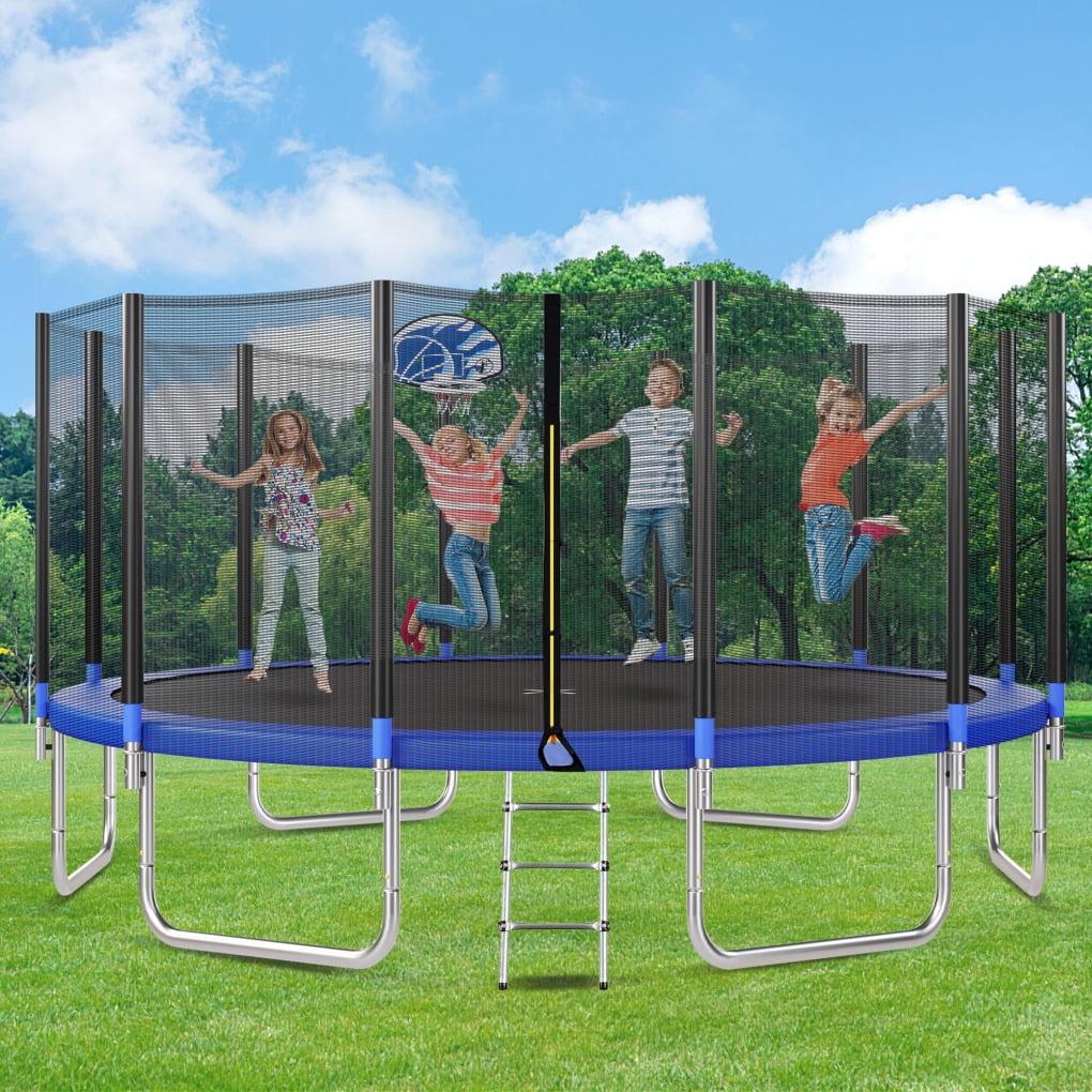 16FT Black and Blue Round Trampoline with Safety Enclosure Net