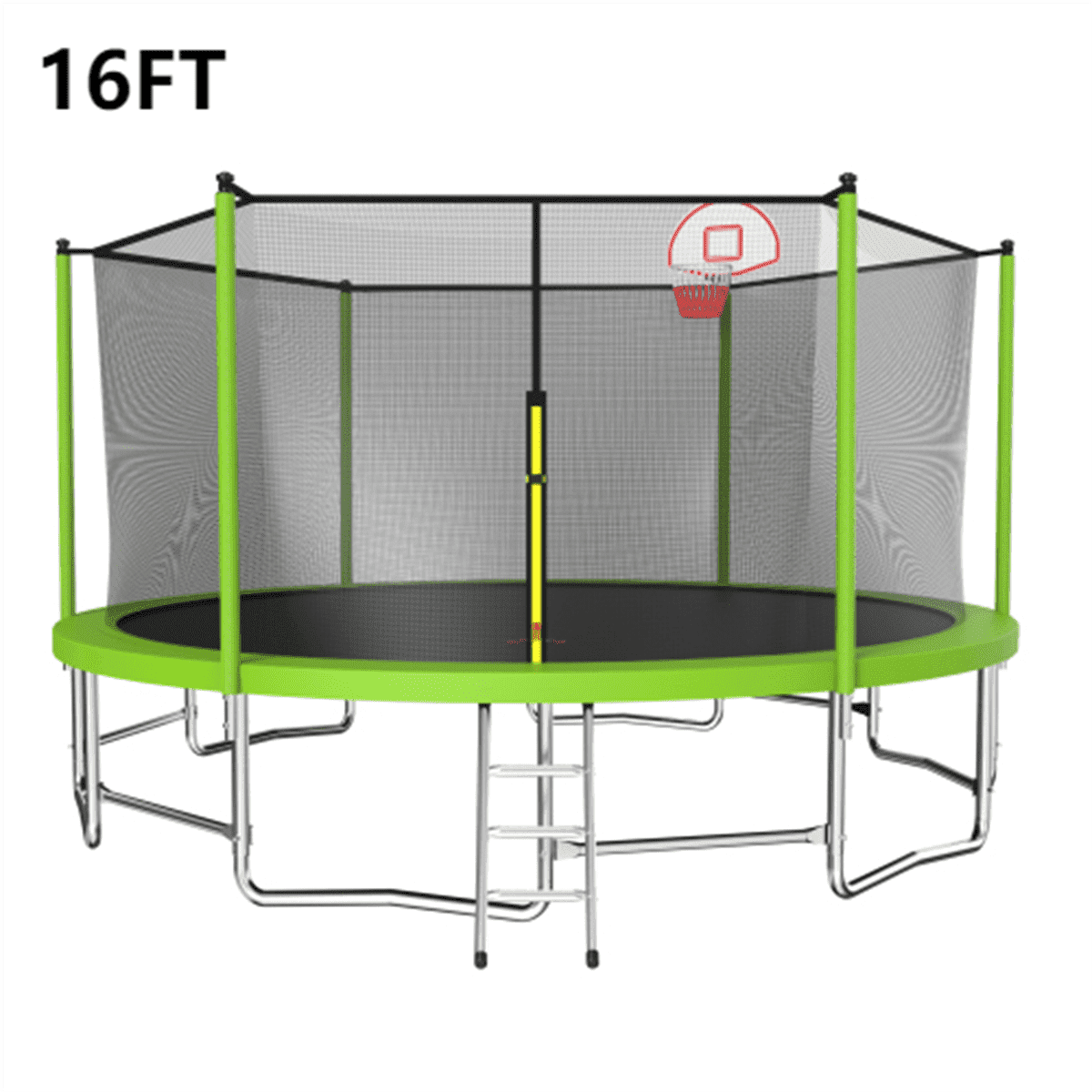 16FT Green Steel Trampoline with Enclosure and Basketball Hoop