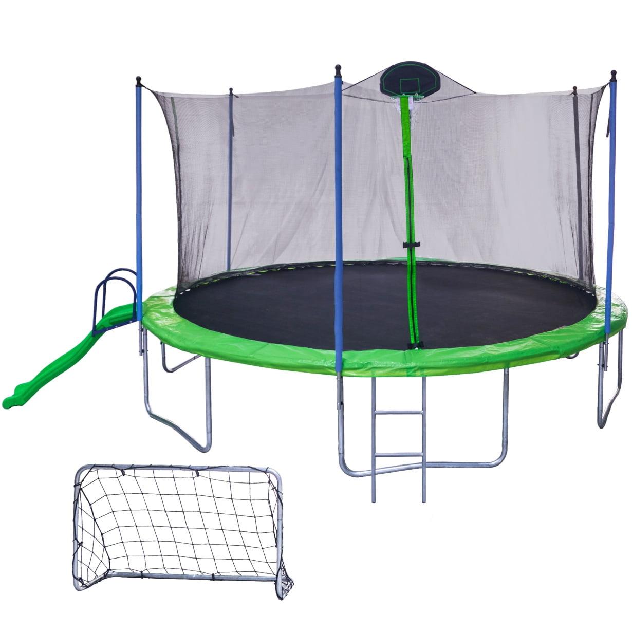 16FT Green Round Trampoline with Enclosure, Slide, and Football Goal