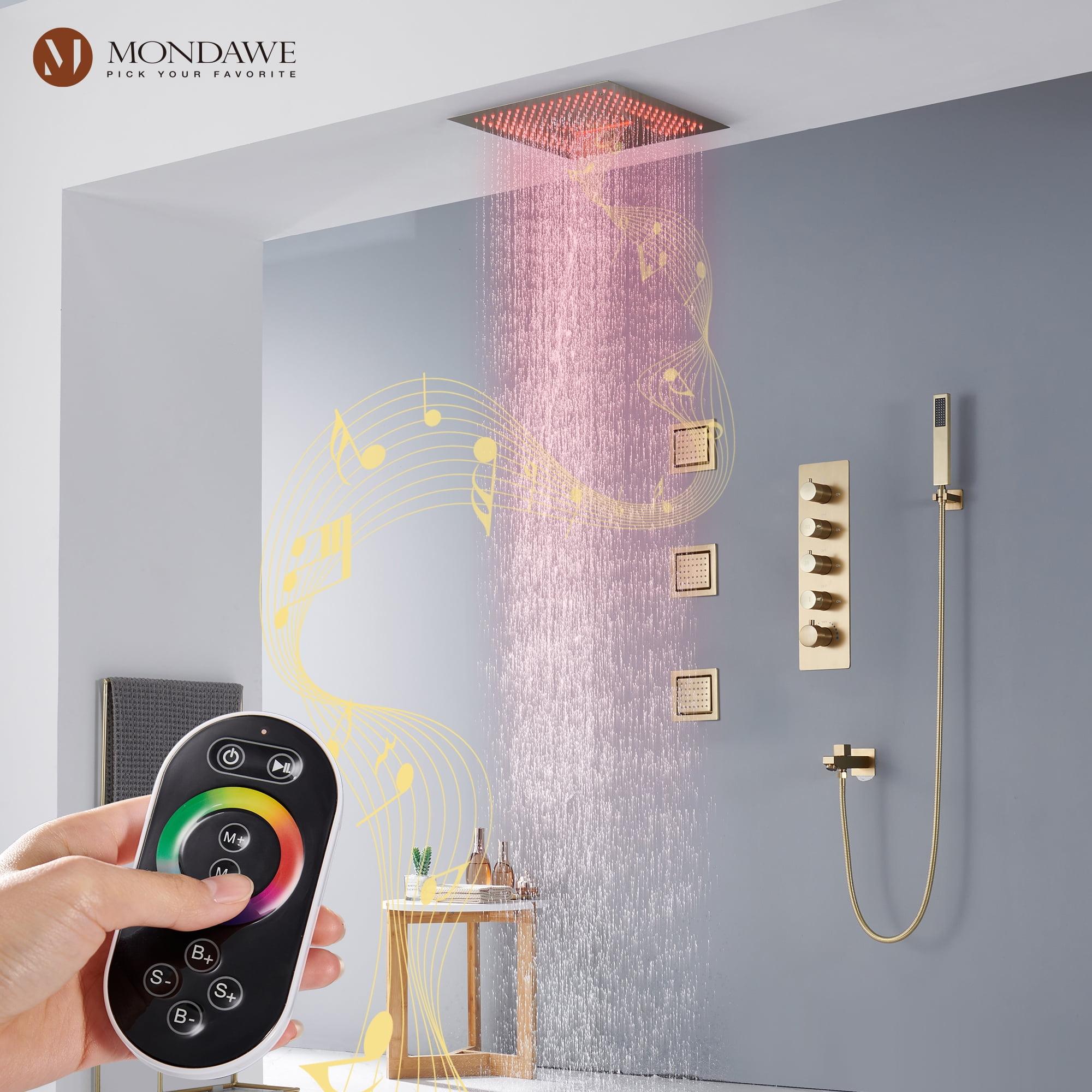 Brushed Gold LED Rain Shower System with Bluetooth Speaker