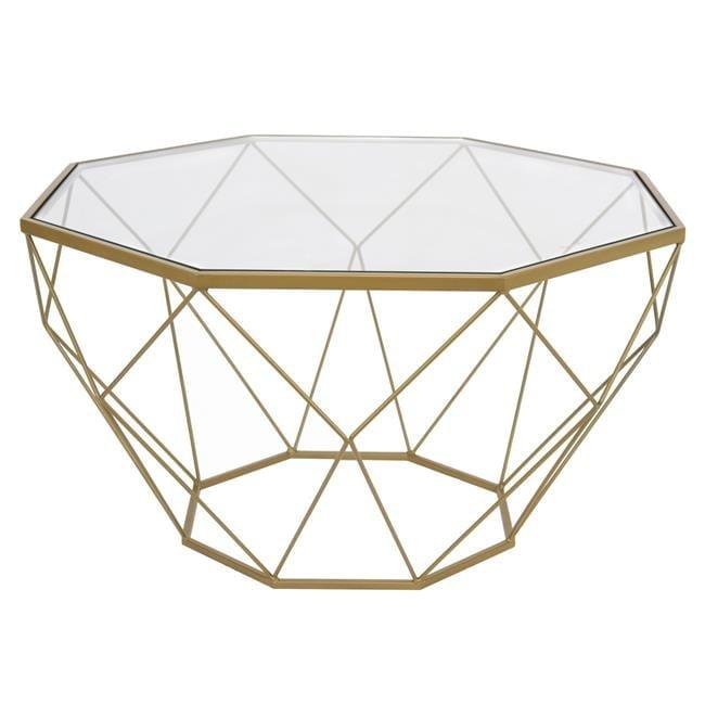 LeisureMod Malibu Modern 29" Wide Octagon Glass Top Coffee Table With Iron Base in Gold