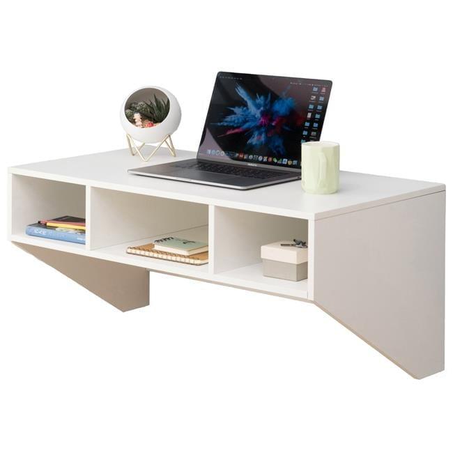 Basicwise Wall Mounted Office Computer Desk with Three Compartments, White