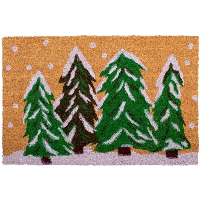 HomeRoots 17" X 29" Natural and Green Coir Christmas Trees Outdoor Christmas Door Mat