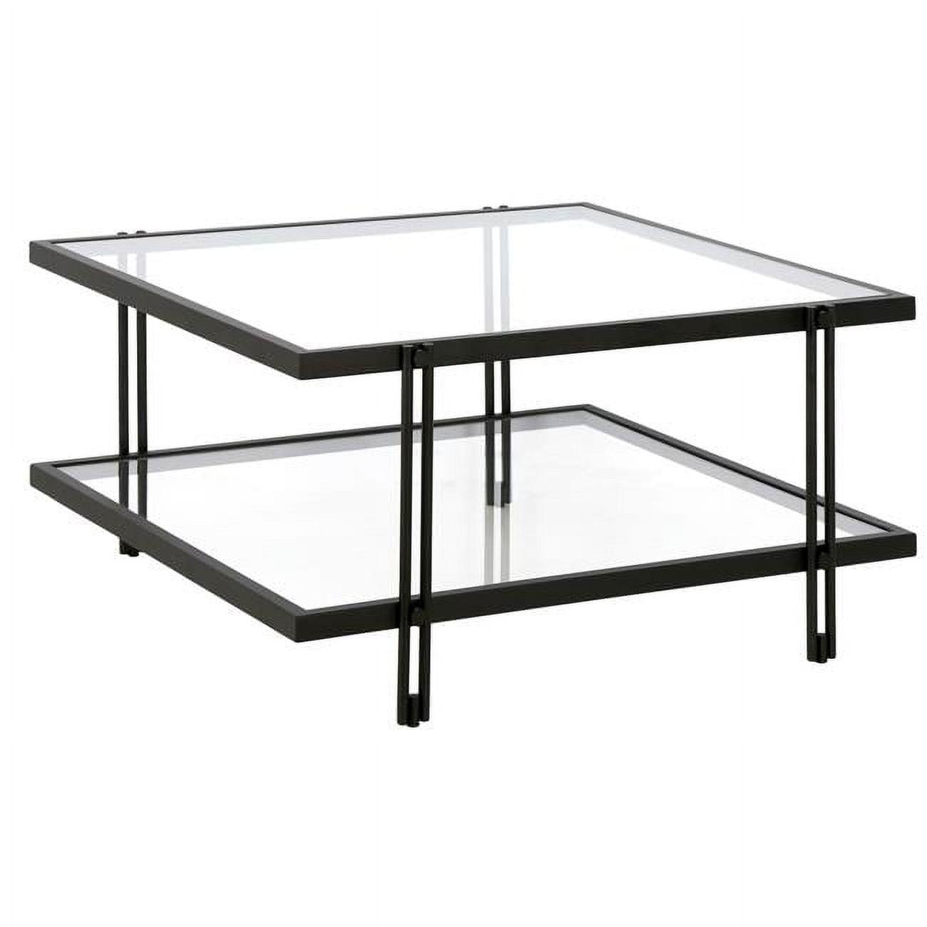 32" Black Glass and Steel Square Coffee Table with Shelf