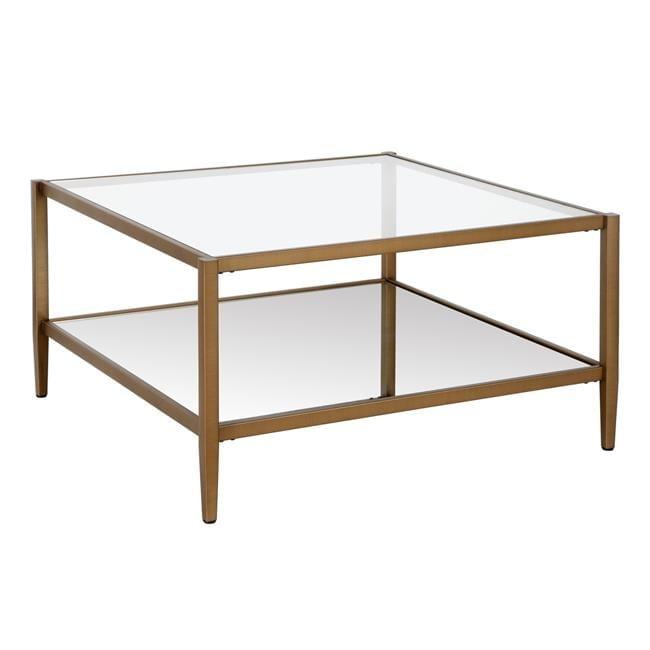 32" Gold Glass and Steel Square Coffee Table with Shelf