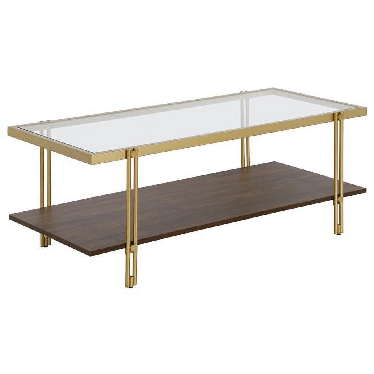 Brass & Walnut Rectangular Coffee Table with Glass Top & Storage Shelf