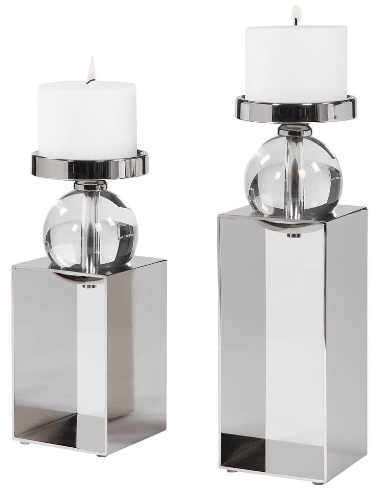 Lucian Polished Nickel and Crystal Candleholders Set