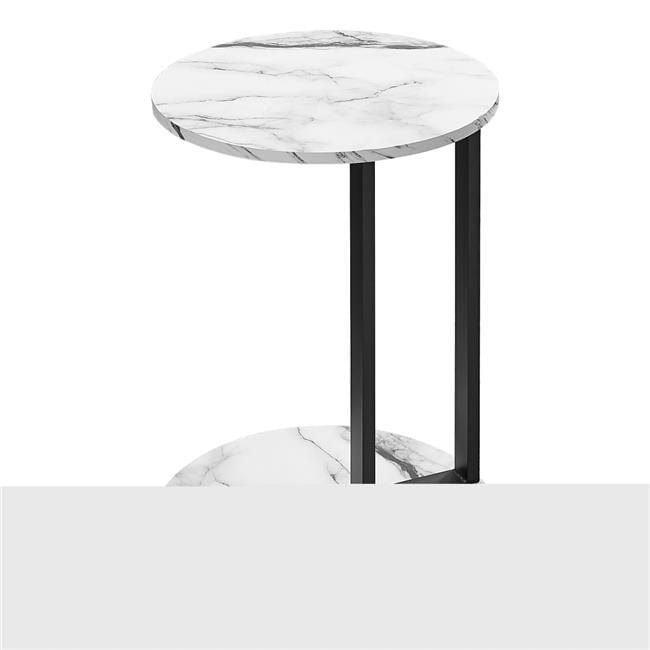 17 Stories Accent Table, Side, Round, End, Nightstand, Lamp, Living Room, Bedroom, White Marble Look Laminate, Black Metal, Contemporary, Modern