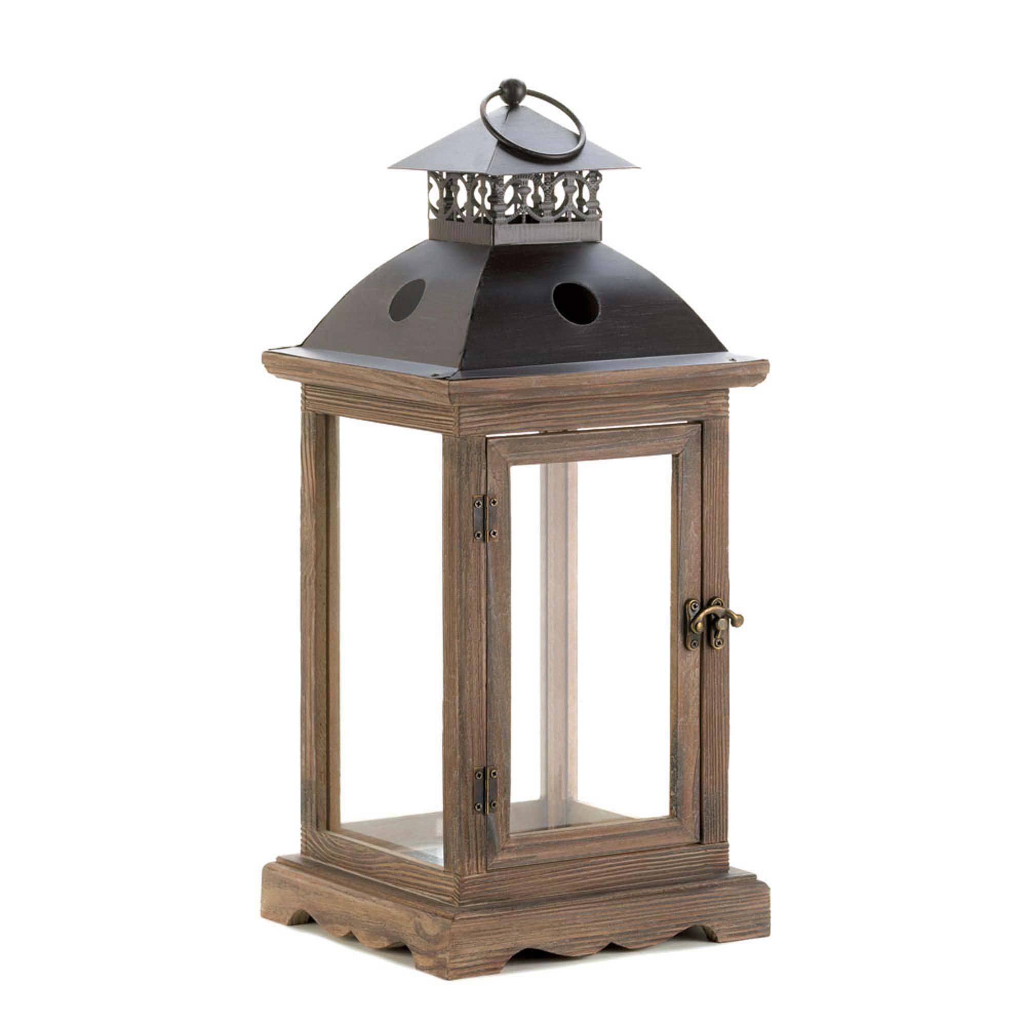 Large Rustic Brown Wood and Glass Candle Lantern