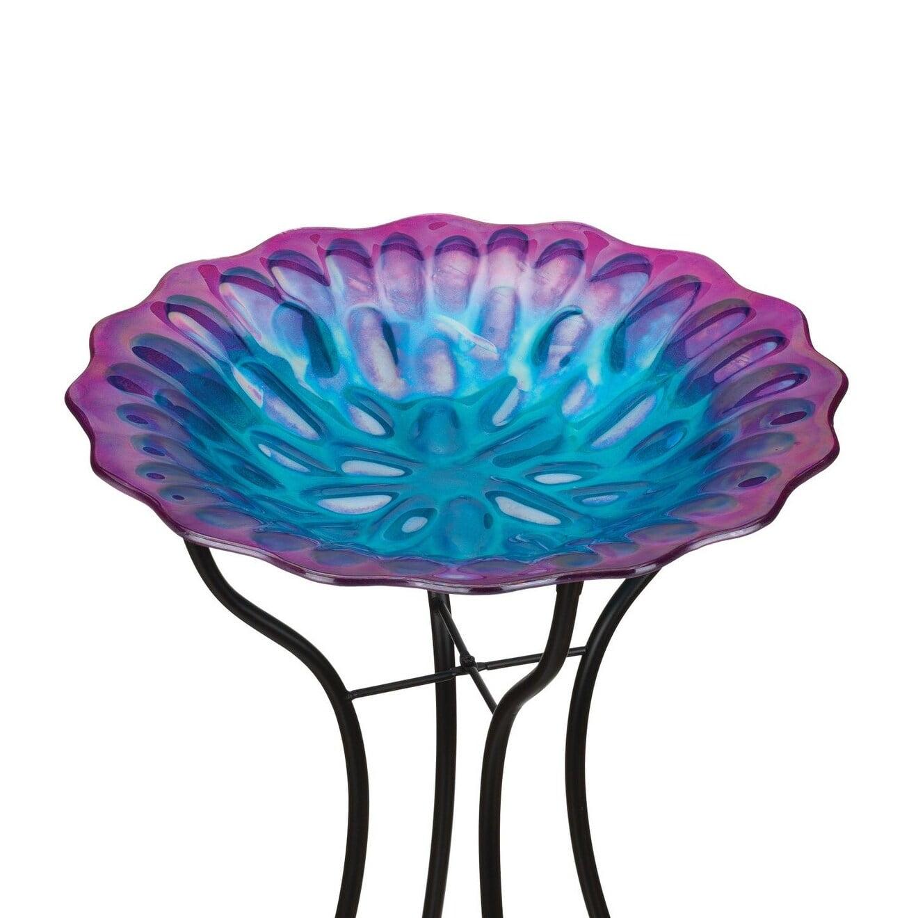 18-Inch Iridescent Blue and Purple Glass Birdbath with Stand