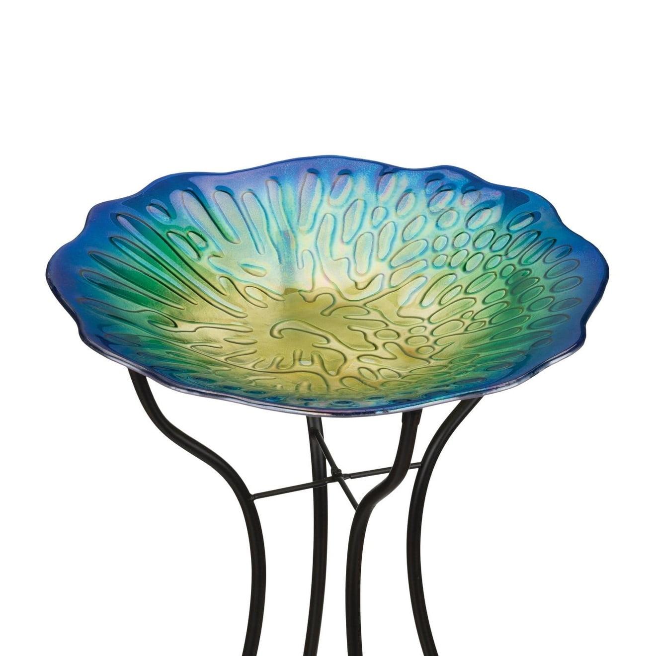 18-Inch Iridescent Glass Shell Birdbath with Stand