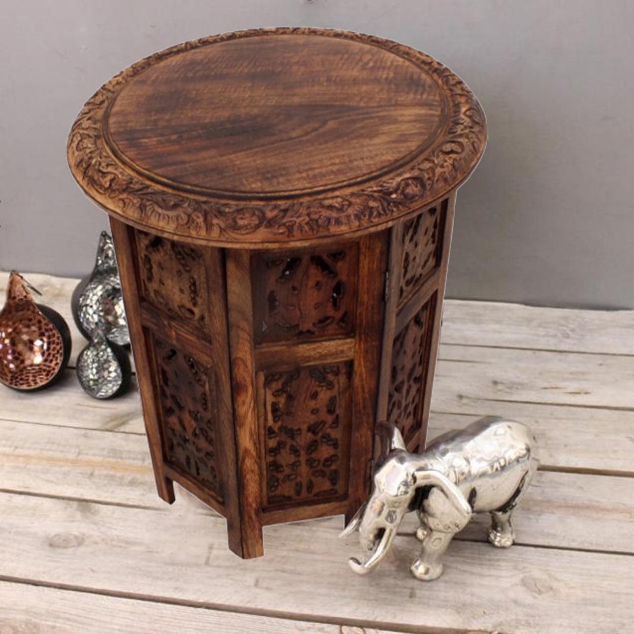 Wooden Hand Carved Folding Accent Coffee Table Dark Chocolate - The Urban Port