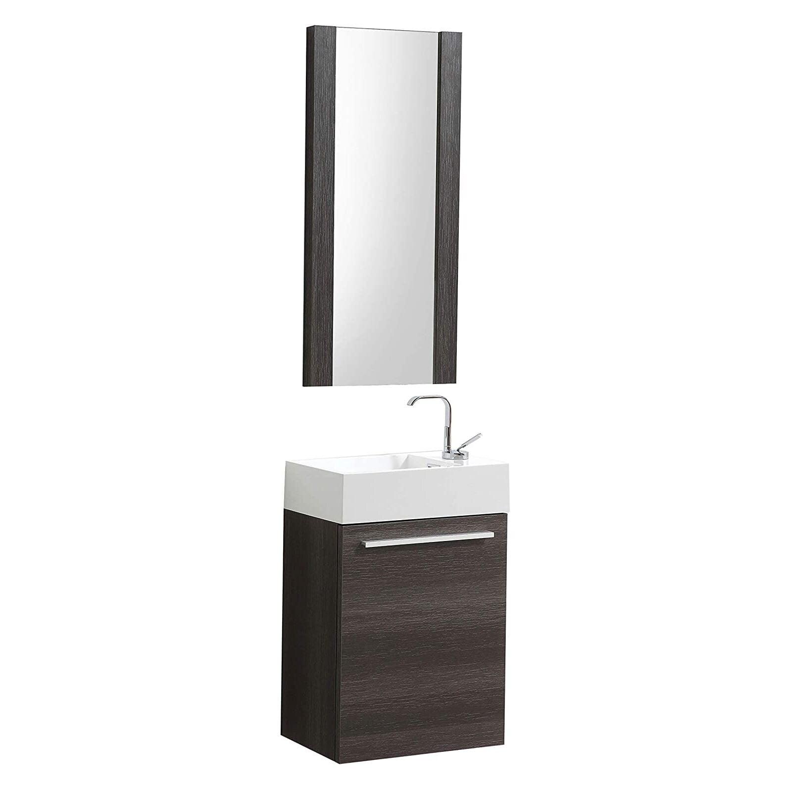 Compact Dark Oak 18" Wall-Mount Vanity Set with Acrylic Sink & Mirror