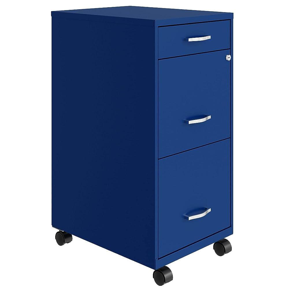 Compact Blue Steel 3-Drawer Mobile File Cabinet with Lock