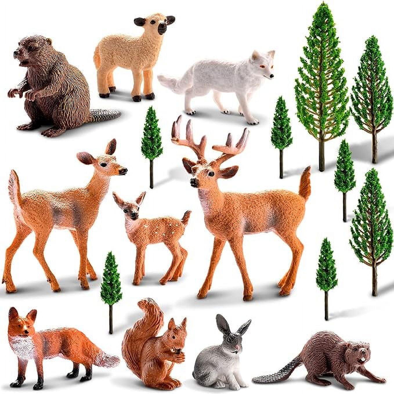 18 Pcs Forest Animals Figurines Woodland Animals Toys Model Trees Kit Miniature Plastic Animals Toys Realistic Wild Forest Animals for Cake Toppers Birthday Party Favor(Forest Animals)