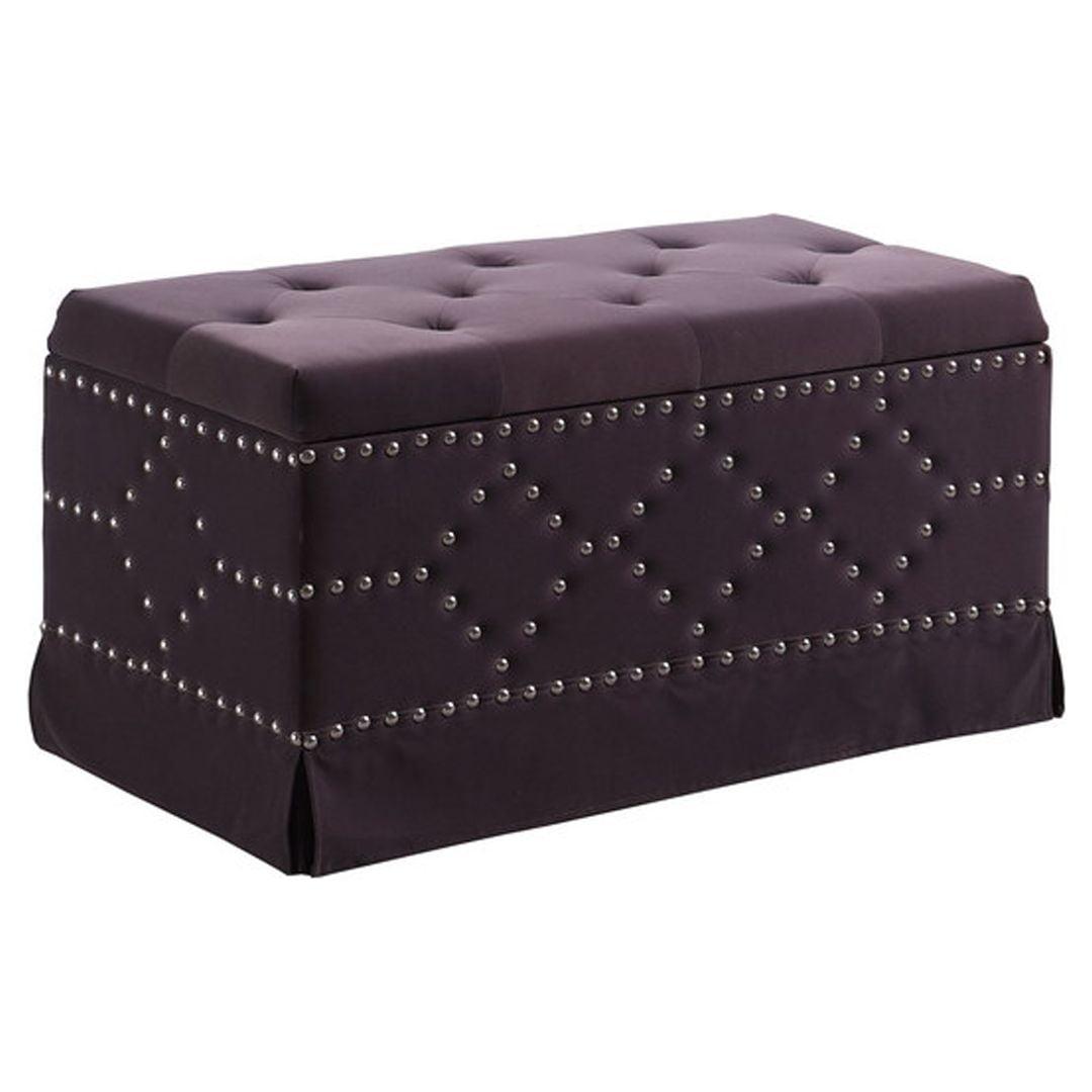 Elegant Gray Velvet Tufted Storage Bench with Nailhead Detail