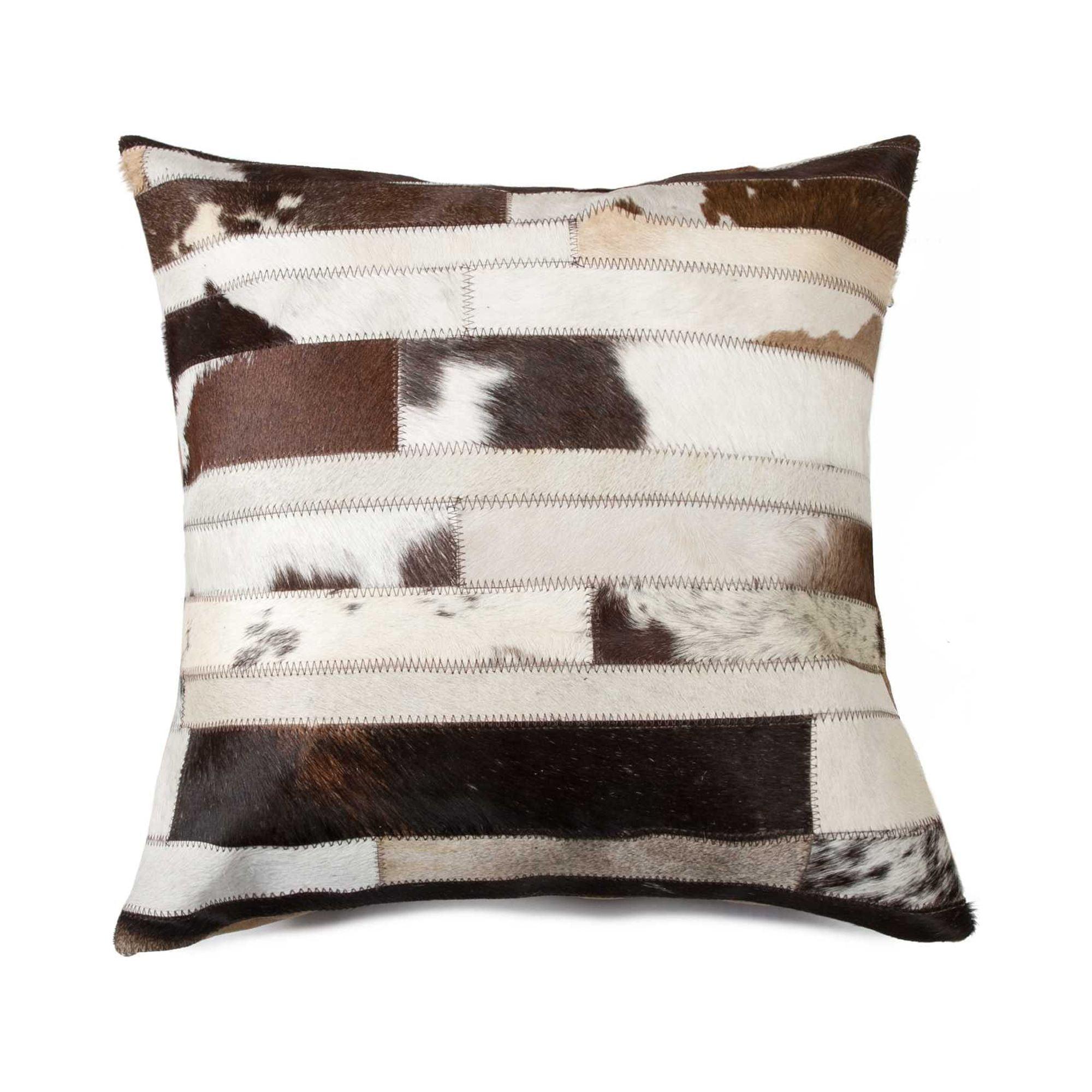 18" Chocolate and Natural Cowhide Patchwork Throw Pillow