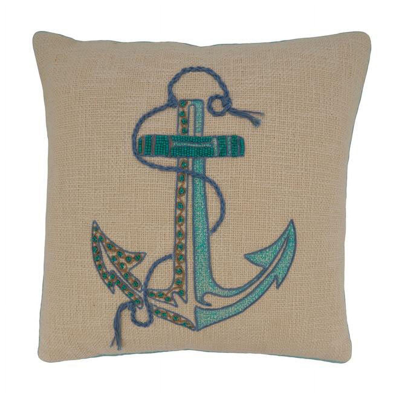 Aqua Embroidered Anchor Cotton Euro Pillow Cover