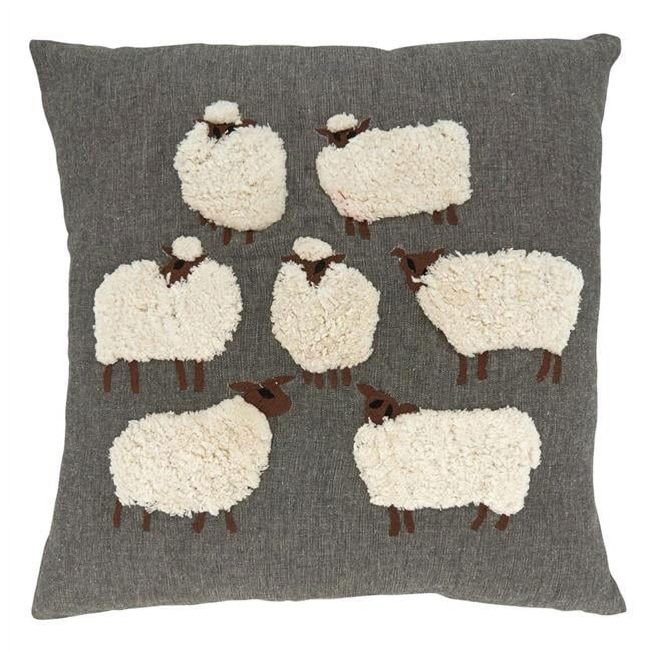 Gray Square Embroidered Sheep Cotton Throw Pillow