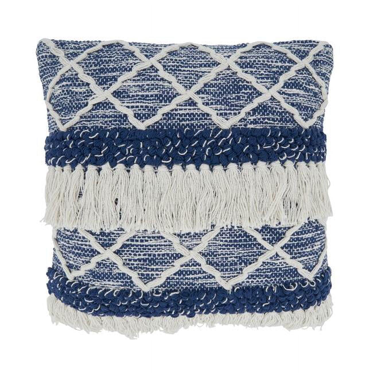 18 in. Fringe Moroccan Design Square Pillow Cover, Navy Blue