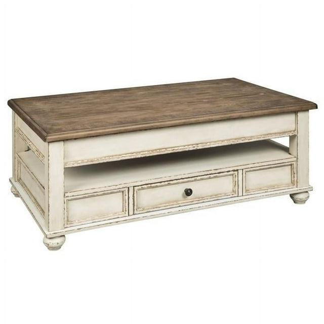Realyn Coffee Table with Lift Top White/Brown - Signature Design by Ashley: Mid-Century Style, Storage, Wood Legs