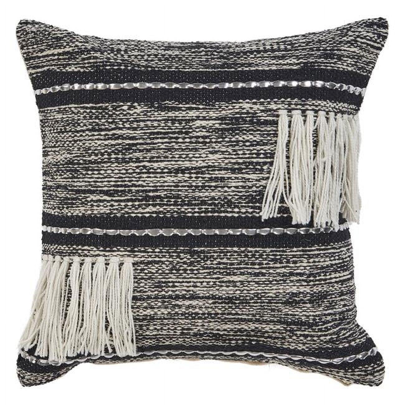 18'' Black and Off-White Striped Cotton Pillow with Fringe