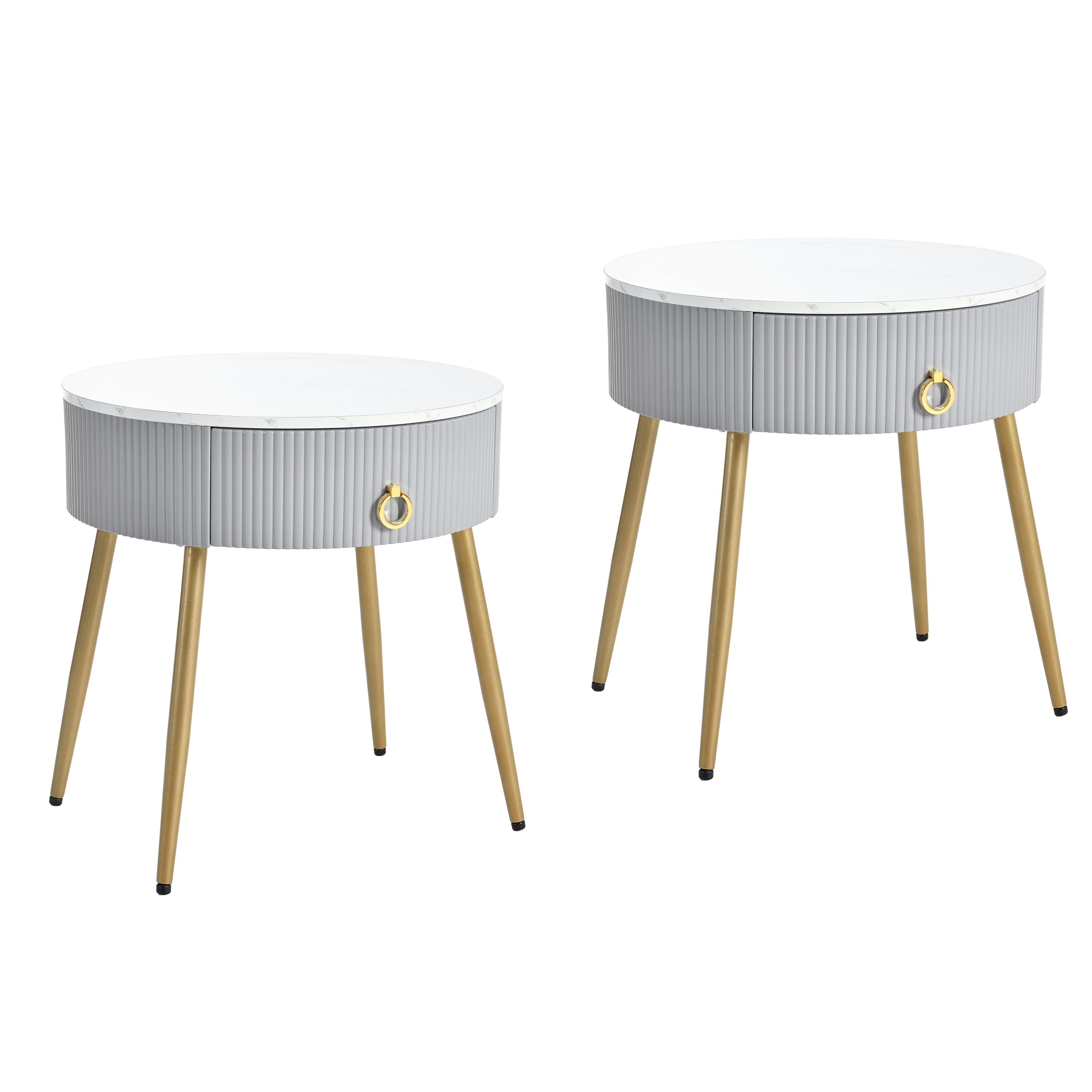 Round Gray and White Wood End Tables with Storage and Golden Legs, Set of 2