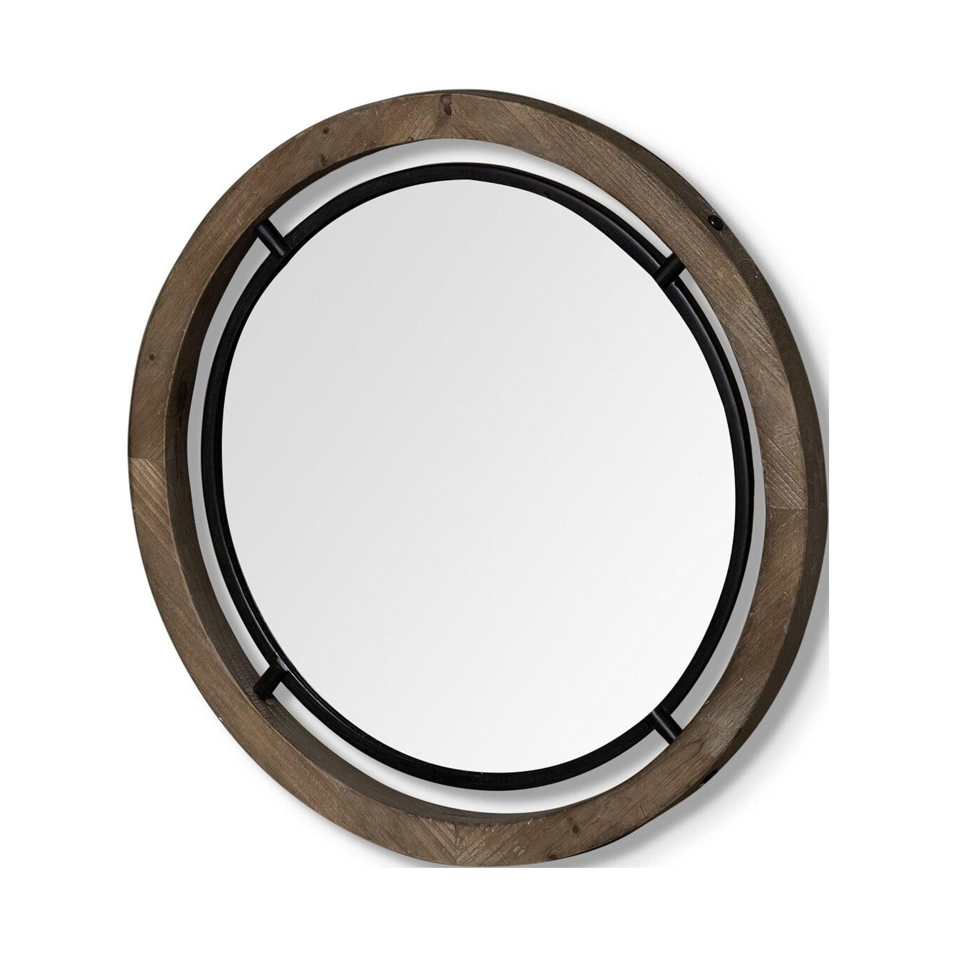 19" Round Brown Wood and Black Metal Frame Wall Mirror