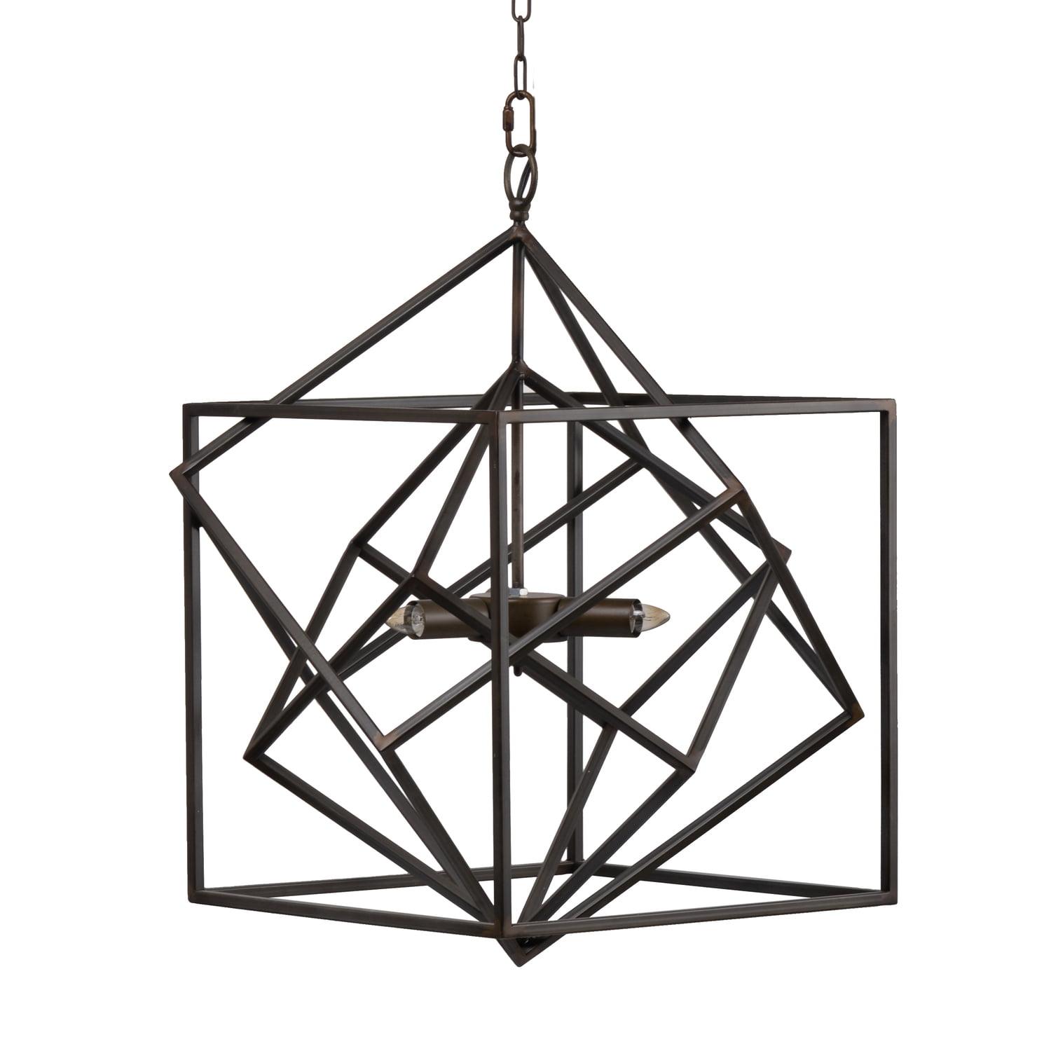 19 in. Retro 2 Light Chandelier with Geometric Pattern & Iron Frame, Black