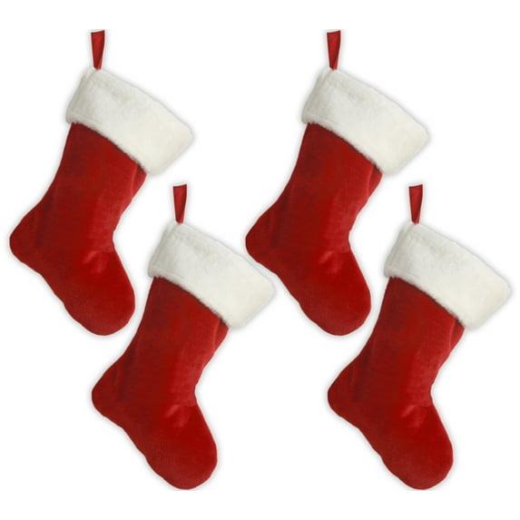 19" Red Velvet Christmas Stocking W/White Plush Cuff & Red Hanging Tag (4 Pack)