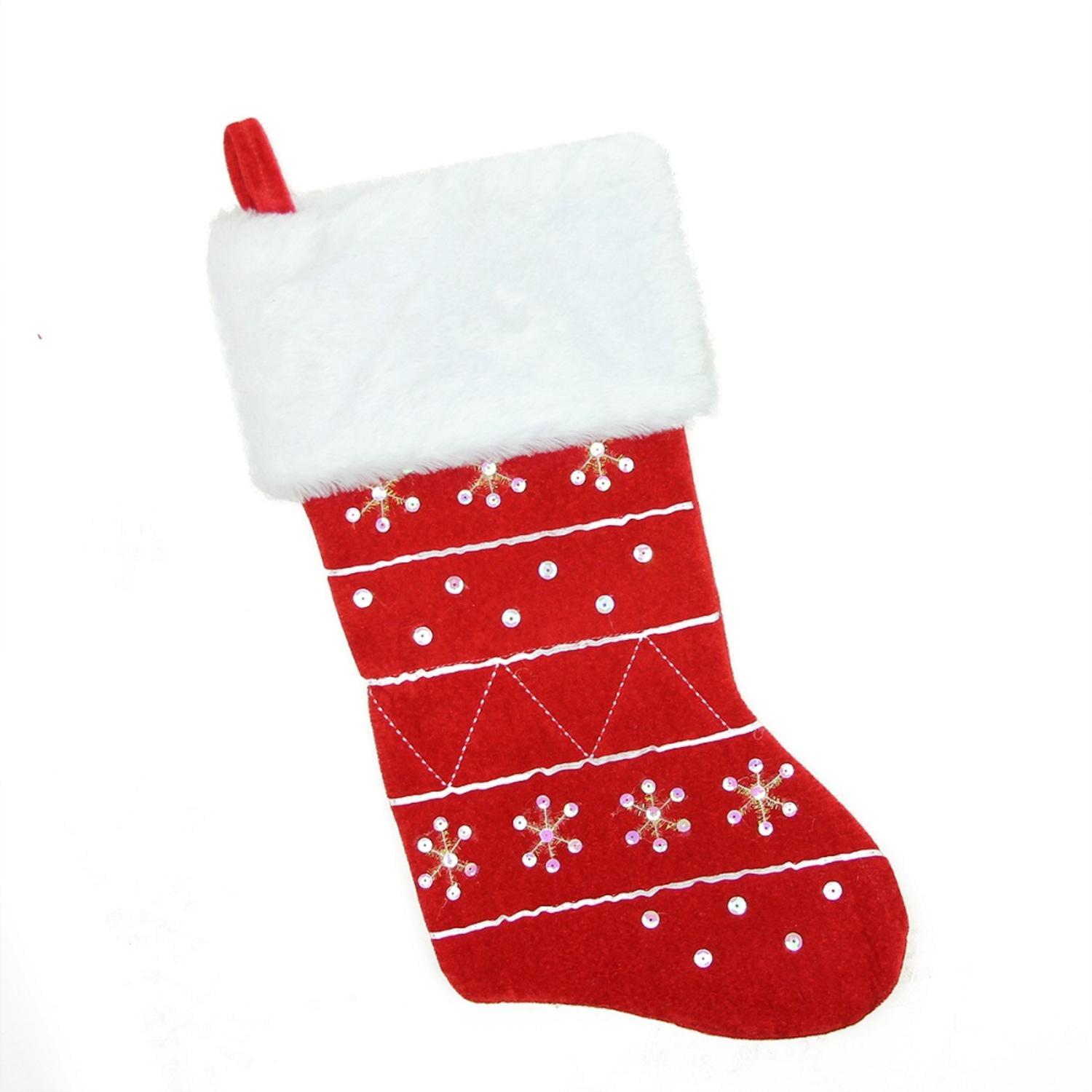 19" Red Embroidered Snowflake Faux Fur Christmas Stocking