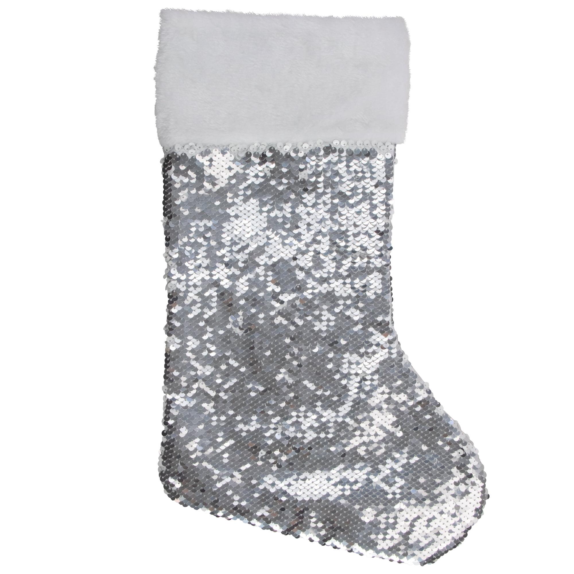 19'' White and Silver Sequin Christmas Stocking with Faux Fur Cuff