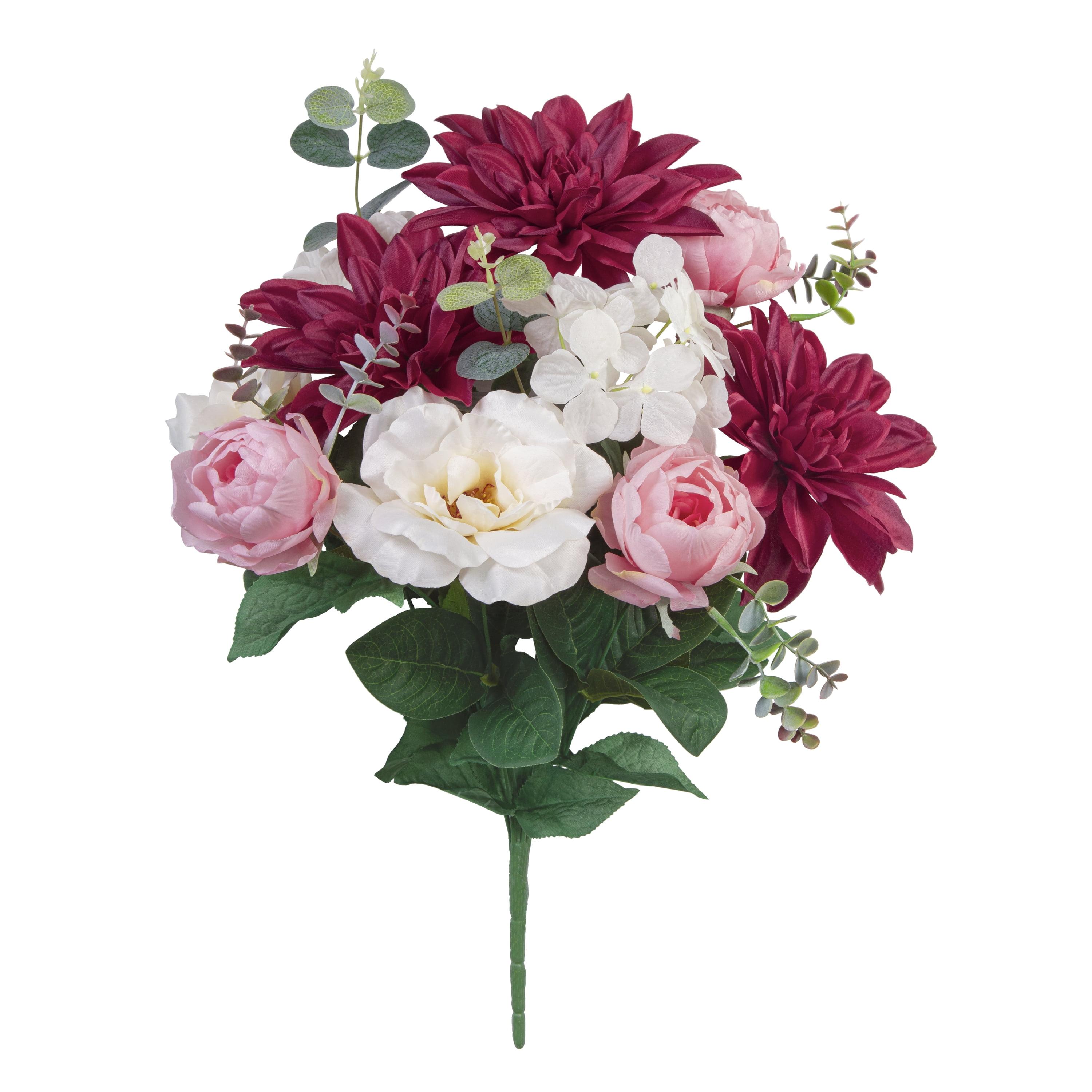 19-inch Artificial Silk Burgundy Dahlia & White Tea Rose Mixed Flower Bouquet, for Indoor Use, by Mainstays